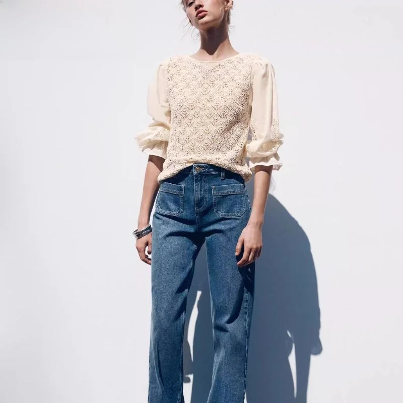 

Новинка лета 2025: Женский вязаный топ с круглым вырезом, вышивкой и вставками, свободного кроя, с рукавом 3/4, в стиле кэжуал, разноцветный