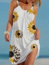 Fashion Sunflower Print Sleeveless vest skirt Holiday Style Dress