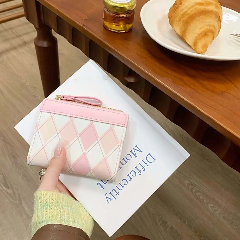 Pu Leather Rhombus Plaid Wallet Contrasting Colors Coin Purse Folding Purse Change Purse Bank Card Bag Zipper Card Holder Travel