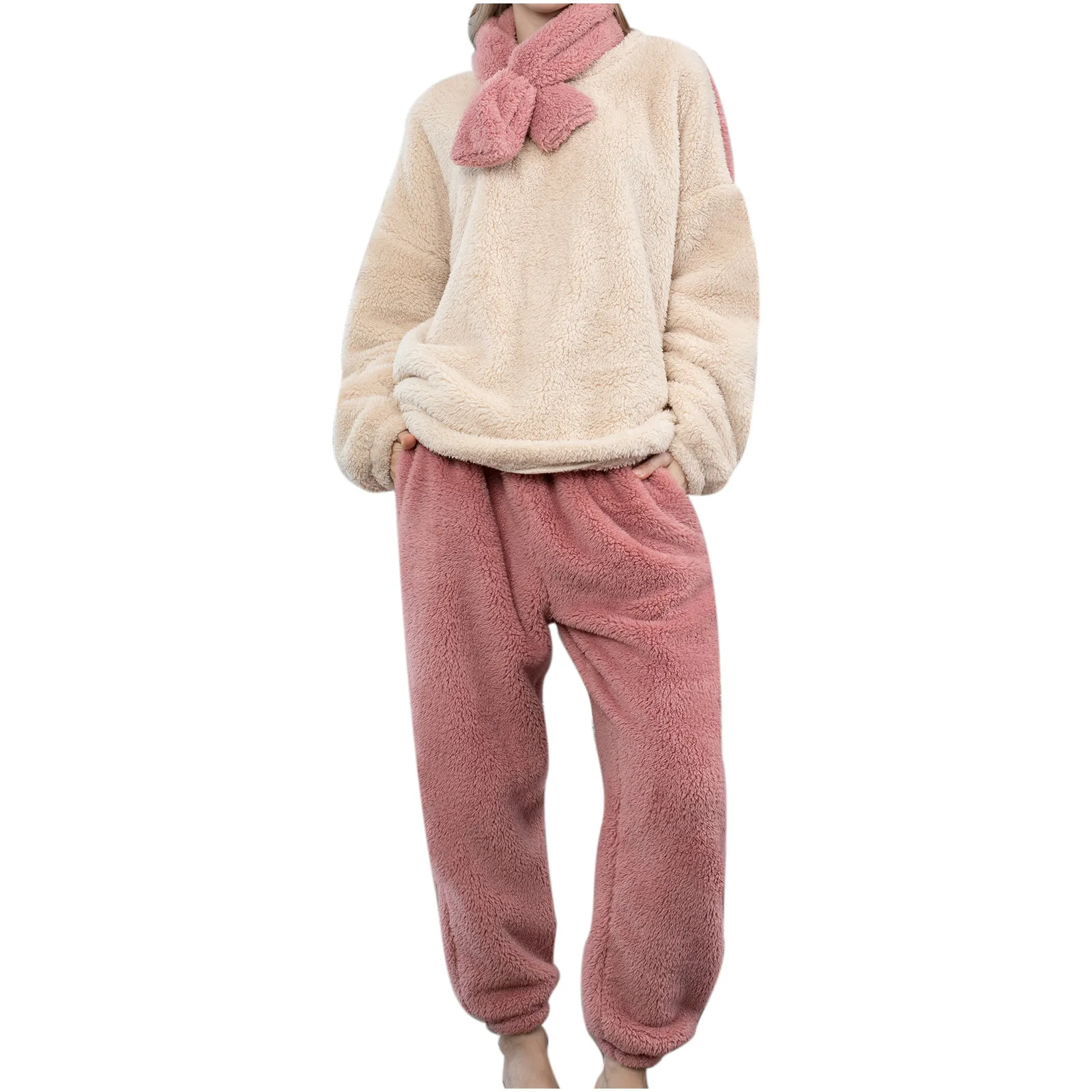 Conjunto de pijama feminino de inverno, pijama coral grosso, calça de veludo quente, roupa de casa, noite, fofo, rosa, 2 peças, 2023