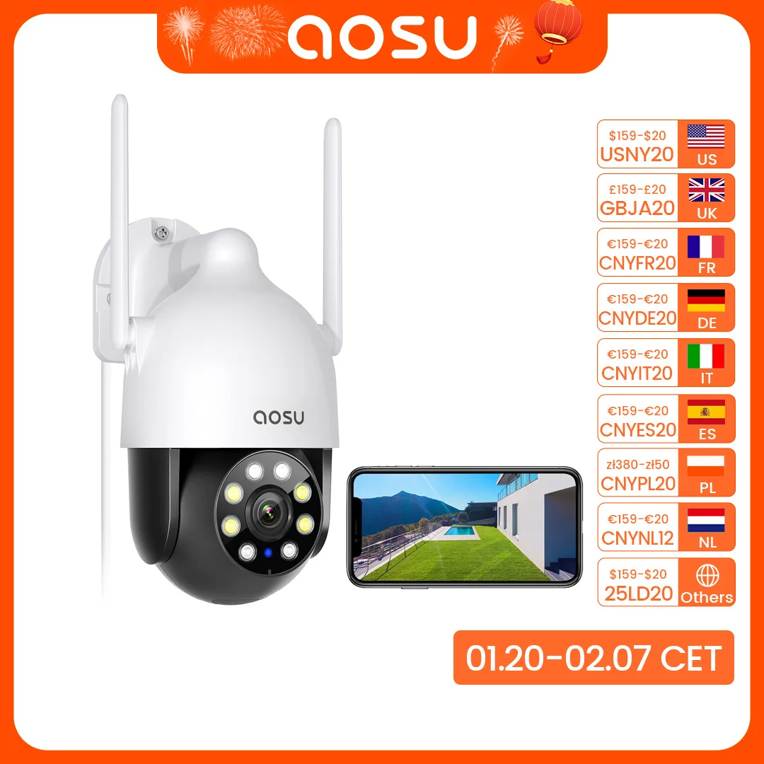 AOSU 3MP Wireless Dome Camera Outdoor Wifi Security Camera PTZ Surveillence Camera 2-Way Talk Color Night Vision CCTV Cam