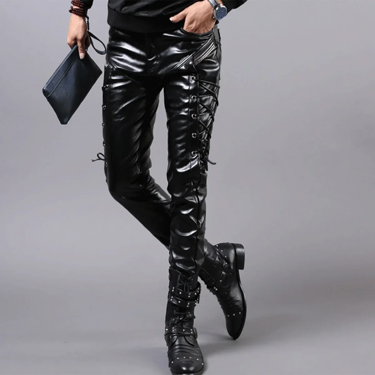 

2023 Men's Autumn and Winter New Slim-Fitting Biker Feet Pu Stitching Leather Pants