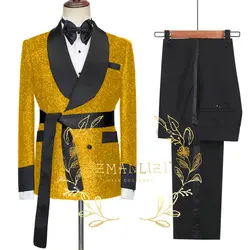 Conjuntos de Blazer de doble botonadura para hombre, Chaqueta brillante dorada, trajes ajustados para novio de boda, esmoquin de fiesta, pantalón, Terno Masculino