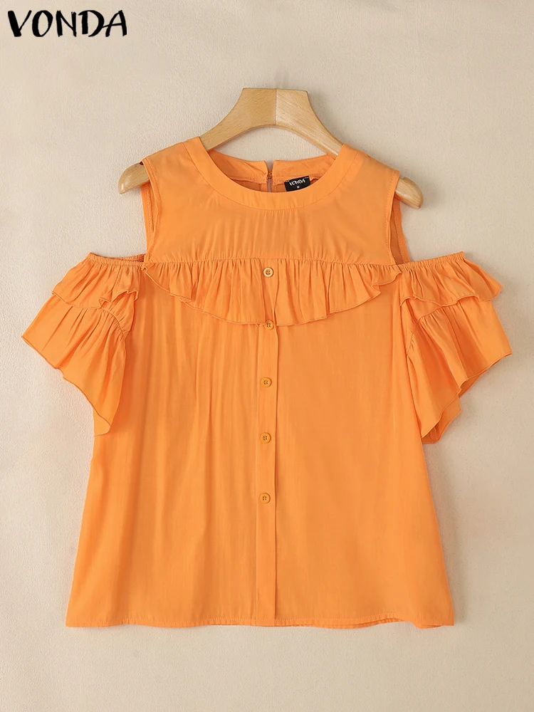 VONDA Summer Short Sleeeve Tops Tee Women Blouses Ruffles Shirt O Neck Tunic Solid Party Streetwear Off Shoulder Female Blusas