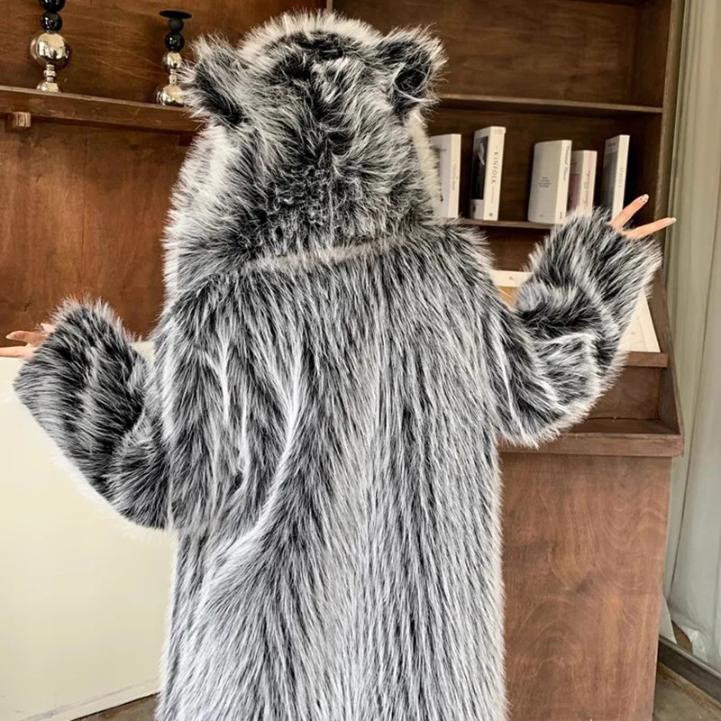 Women's Fall/Winter Cat Ear Hooded Fluffy Black White Fur Jacket Faux Wool Knee-length Long Warm Coat Long Trench Coat Cardigan