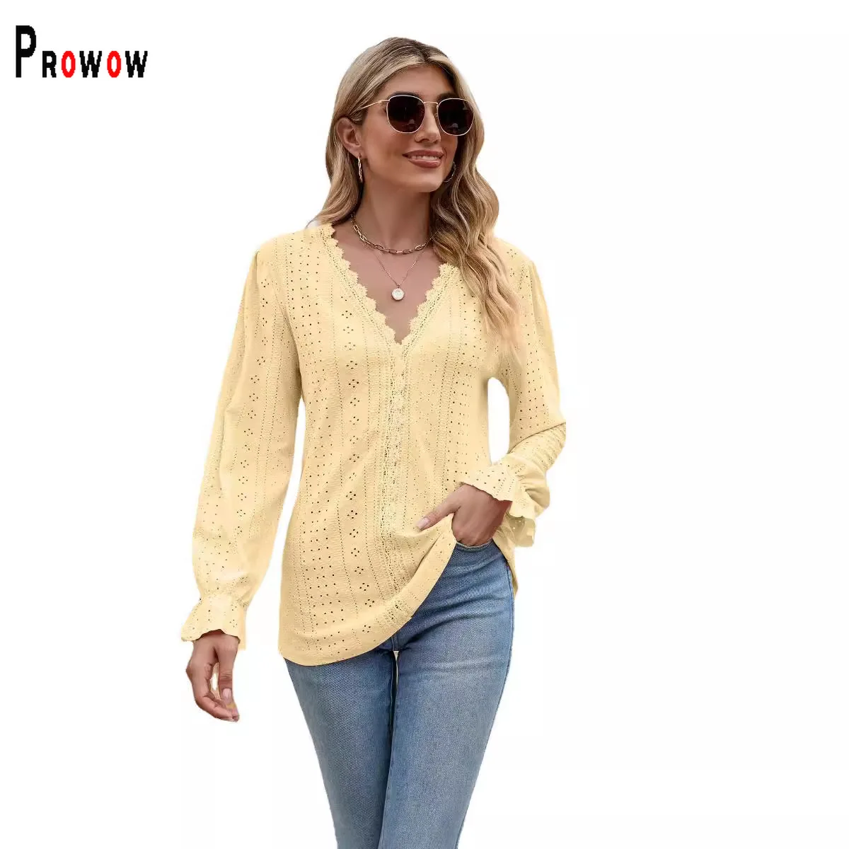 Prowow Pink Elegant Women Shirts Hollow Lace Flower Long Sleeve Female Tops Clothes Yellow V-neck Slim Spring Pullovers Purple