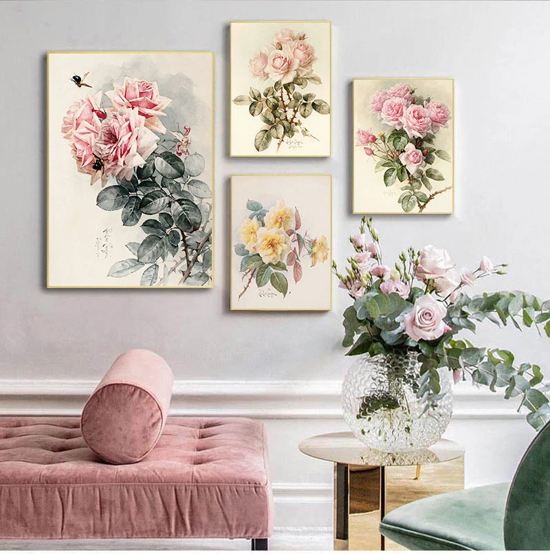 European Retro Flower Posters and Prints Home Decoration Wall Art Pictures for Living Room Nostalgic Pastoral Canvas Painting