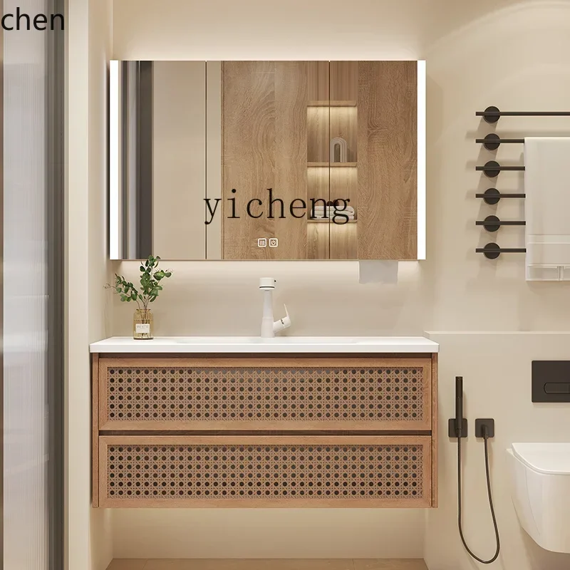 HT New Chinese Style Rattan Bathroom Cabinet Set Bathroom Cabinet Skin Feel Integrated Basin Washstand Basin
