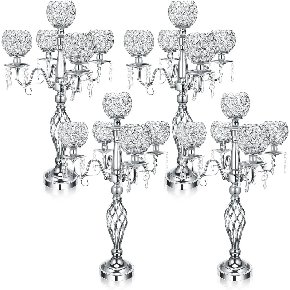 5-arm Crystal Wedding Candle Holder Centerpiece Decoration, 27 Inch High Crystal Candle Holder Bowl, 4 Candle Holders