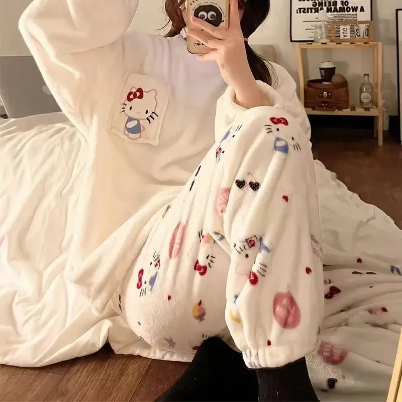 

Y2K Kawaii Sanrio Hello Kitty пижамы аниме мультфильм удобная уличная милая фланелевая домашняя одежда для девочек модный подарок