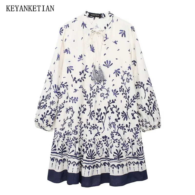 

KEYANKETIAN 2024 New Launch Women Gradient Blue Floral Print Dress Ethnic style Tassel Strap Decoration Loose Tiered Mini Dress