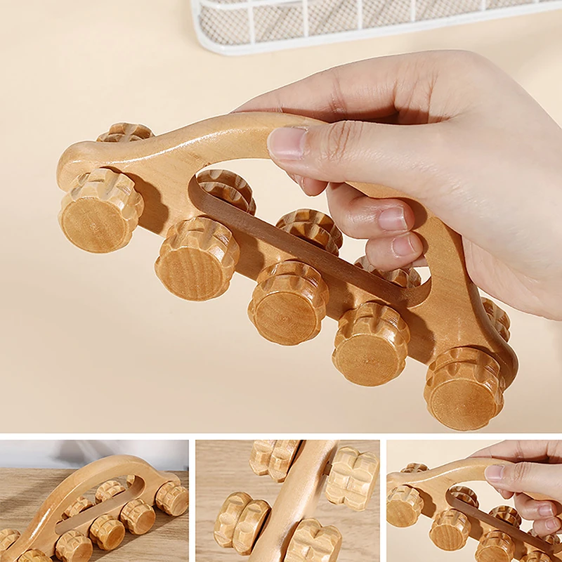 10 Wheels Wooden Car Roller Relaxing Hand Massage Tool Arched Handle Massager For Face Neck Head Foot Acupoint Muscle Relax