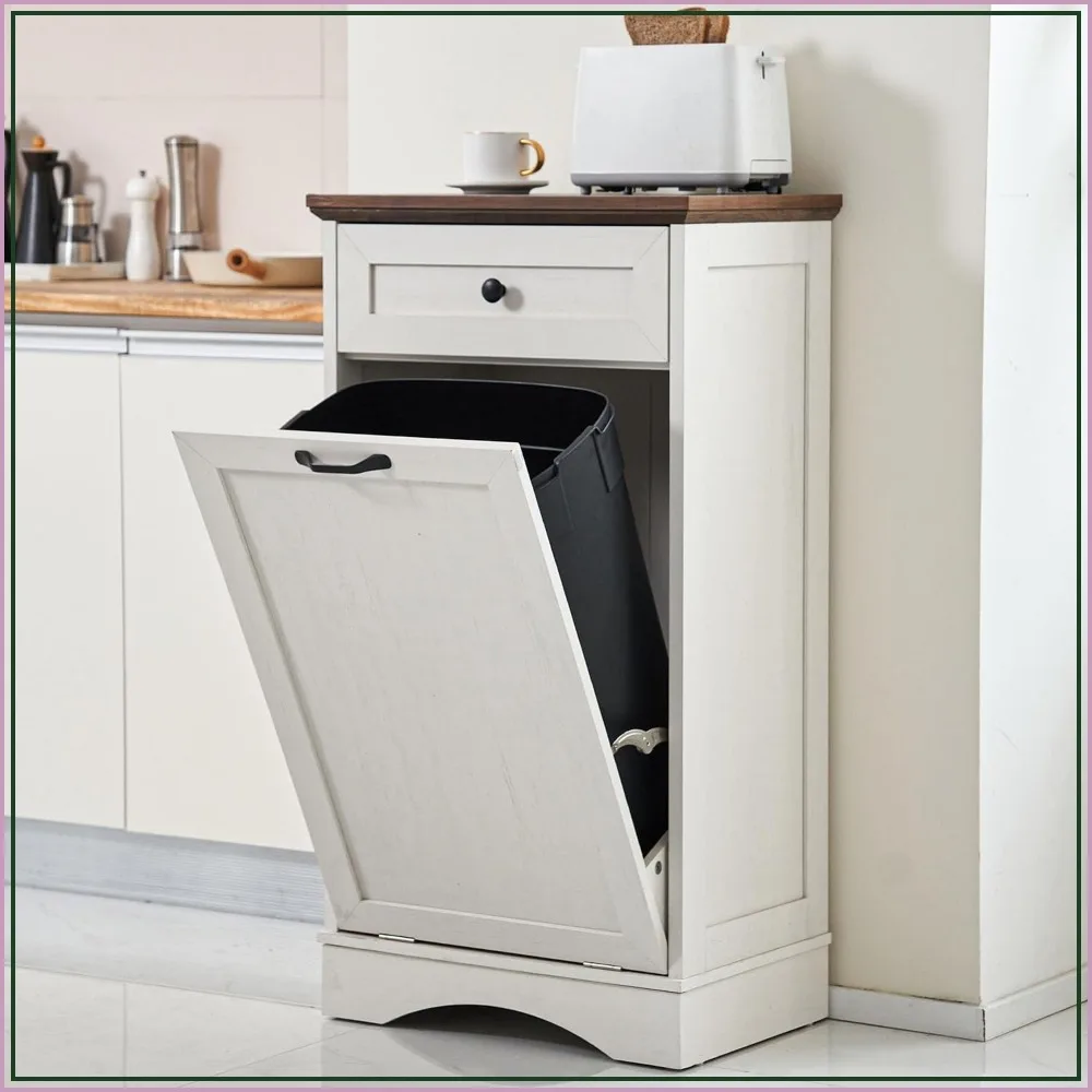 13 Gallon Tilt Out Trash Can Cabinet Freestanding Antique White