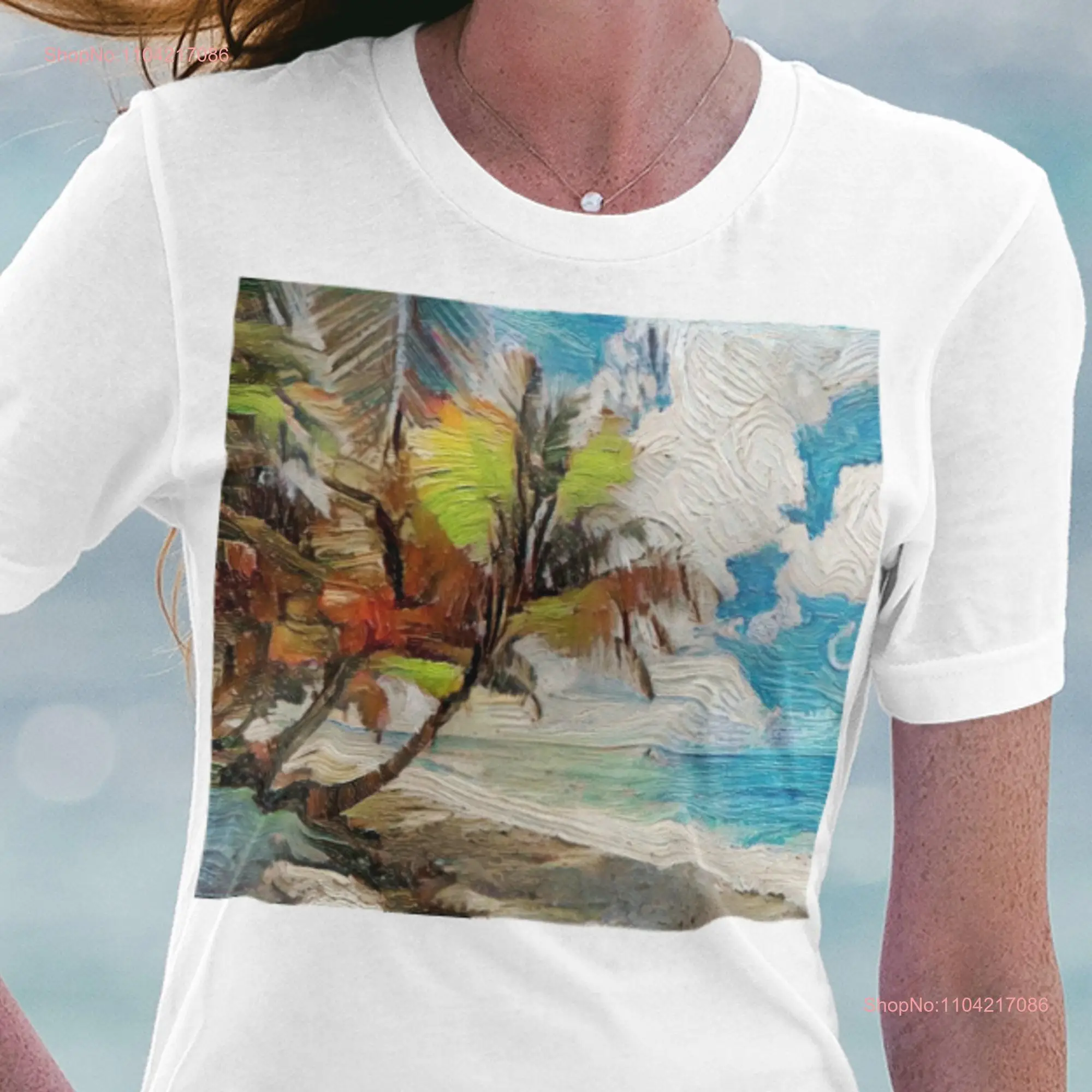 Sunny and Sandy Beach in a Tropical Paradise T shirt showing beautiful with Plam Trees Blue Sky long or short sleeves