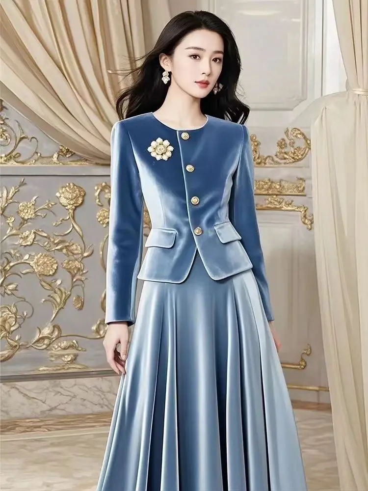 Vintage Elegante Blaue Samt Zwei Stück Set Frauen Herbst Winter Neue Französisch Stil Dünne Mantel Luxus Hohe Taille Halb Rock Set