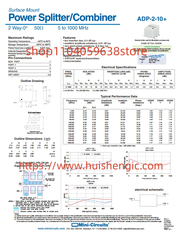 ADP-2-10+      RF power distributor/slitter 5 MHz ~ 1 GHz isolated (minimum) 15dB, 3° unbalanced (maximum) 6-SMD, flat lead
