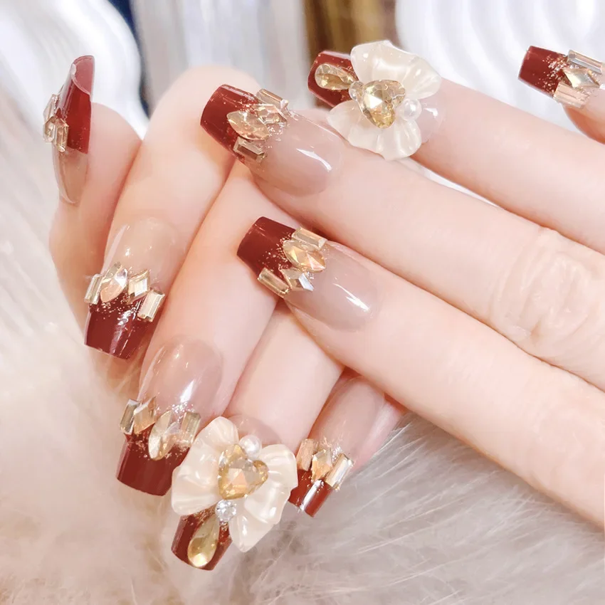 

Luxury Press on Nails Red Manicure Wearable Nails Bride's Wedding Party Decoration Flash Diamond Bow Fake Nail 24pcs Free Glue