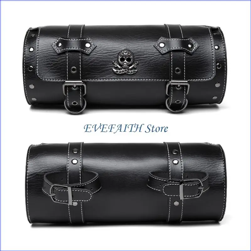 124B Front Fork Handlebar Bag Motorcycle Front Bag Tool Bag Skull Pattern Saddlebag PU Storage Motorbike Tool Bag