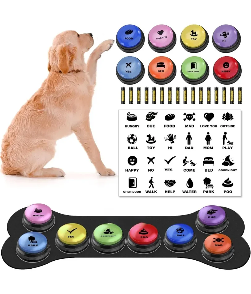 

Dog Buttons for Communication,Talking Buttons for Dogs,8 Recordable Sound Buttons + 24 Scene Patterns + 1 Dog Button Mat+ 16 AAA