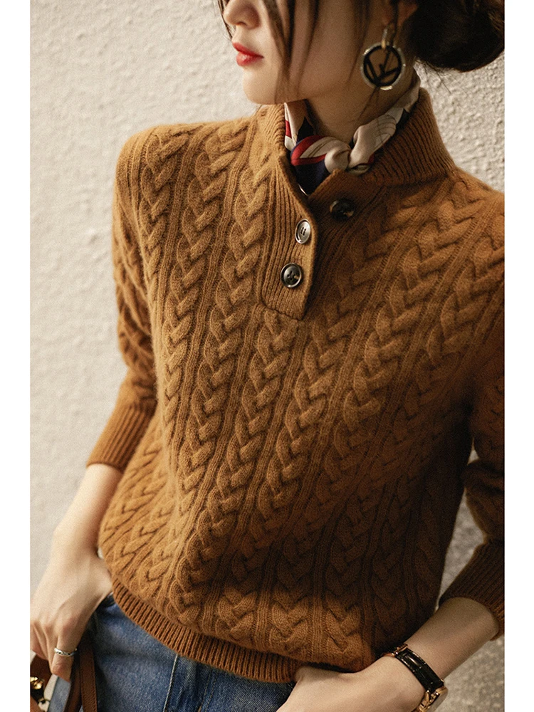 Knitted Pullover Top Sweater, Stand-up Collar, Half-Open Lapel, Twisted Twist Texture, Pure Cashmere, Baseball, Elegant