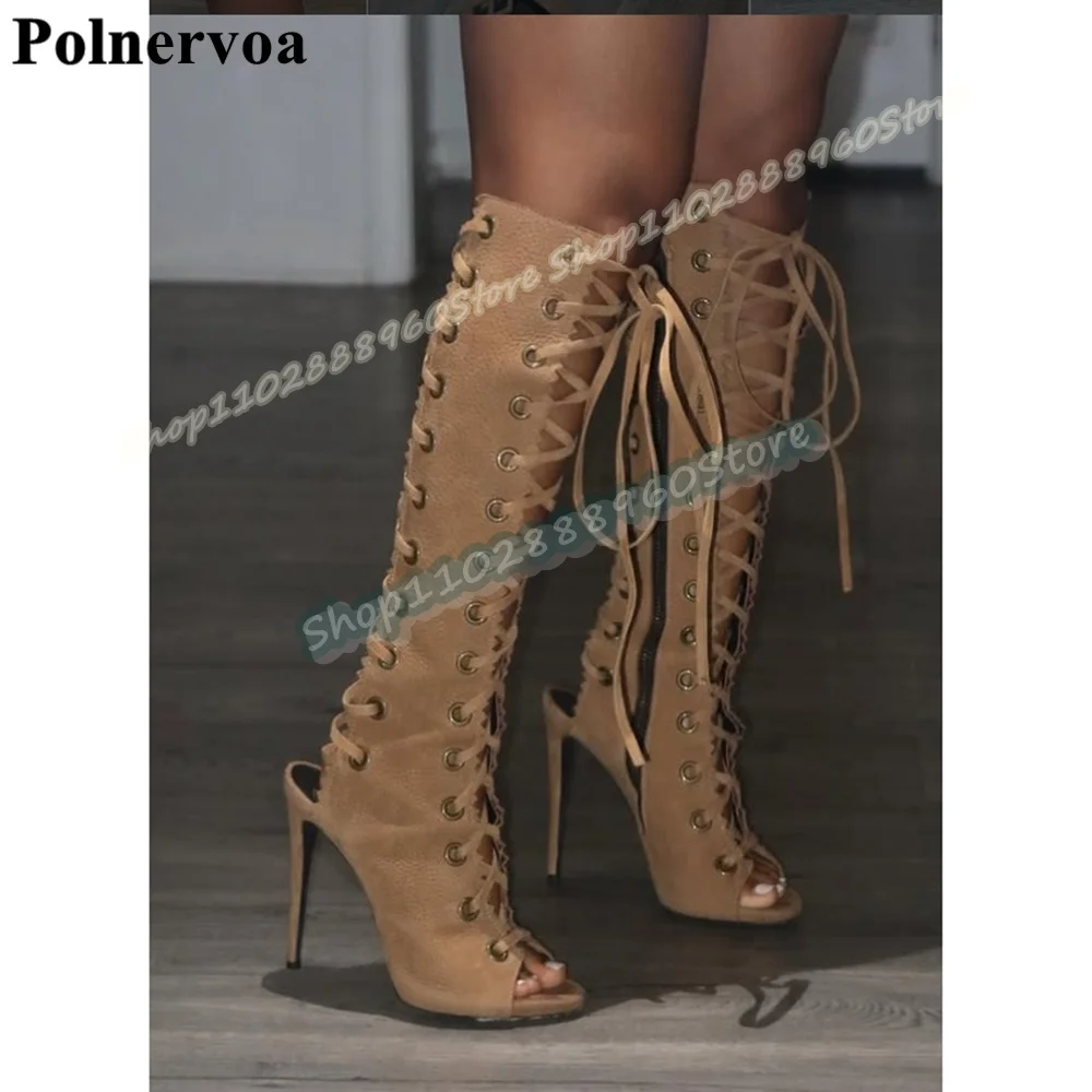 Marrom cruz amarrado corte sandália botas stilettos sapatos de salto alto para mulher zíper lateral peep toe moda zapatos para mujer