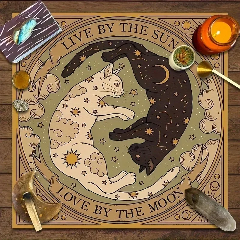 Sun-Moon Cat Design Under the Starry Sky Mystic Altar Tablecloth for Tarot Divination and Witchcraft Rituals Table Decor Cover