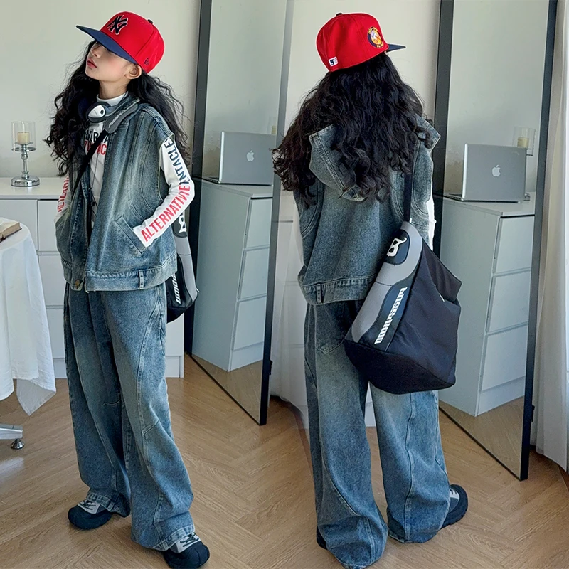

Girls Top+Bottom Clothes Sets Size 4-14Y Kid Tee Vest Denim Suit Child 3Pieces Of Clothing Sets Toddle Streetwear Fashion Sets