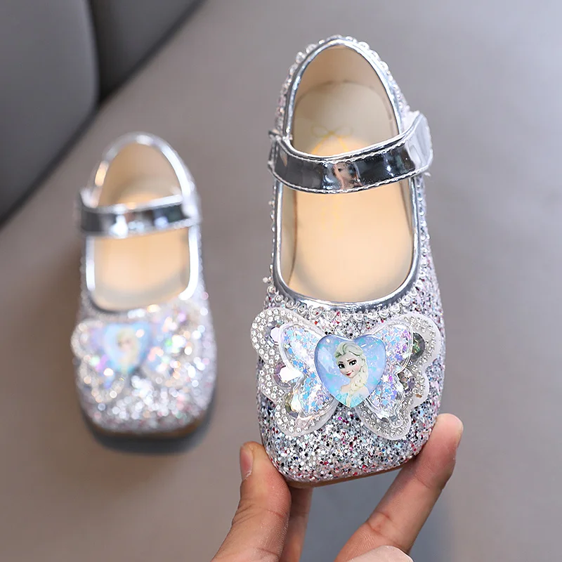 Disney Frozen Elsa Princess Designer Crystal Casual Flat Shoes for Kids Girls Bling Baby Shoes Child Flats Sneakers Square Toe