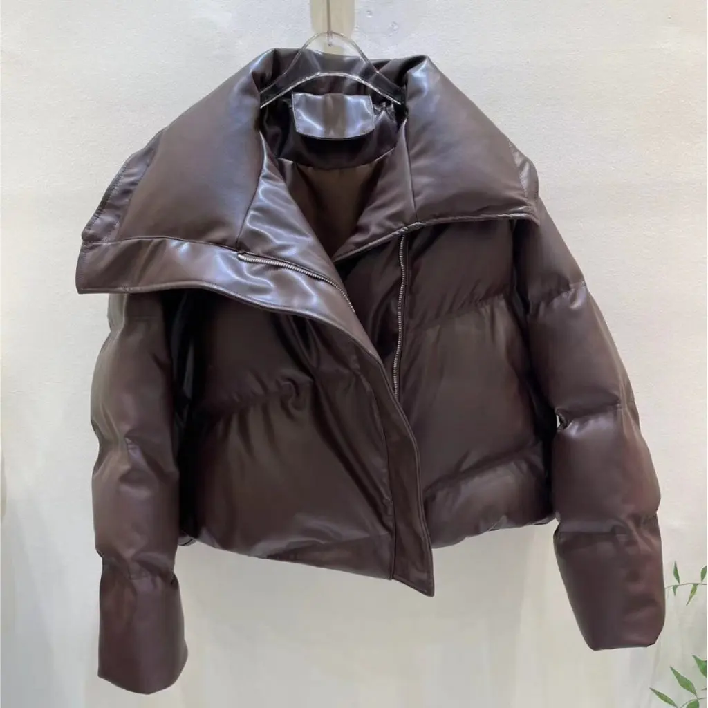 

Women's Winter Fashion Large Lapel PU Leather Cotton Jacket Short Thickened Warm Bread Style for Autumn And Winter