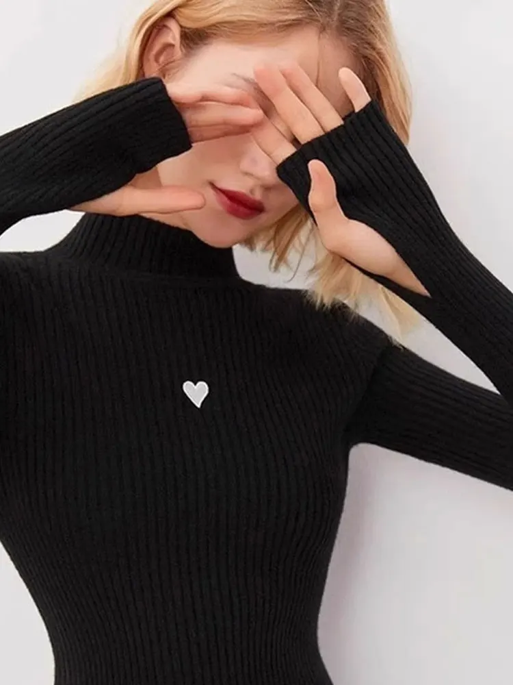 

Ele Cisas Красный вязаный свитер с высоким воротником и вышивкой Длинный свитер базового слоя Топ в Корейском стиле Свободный крой для поездок на работу Faion