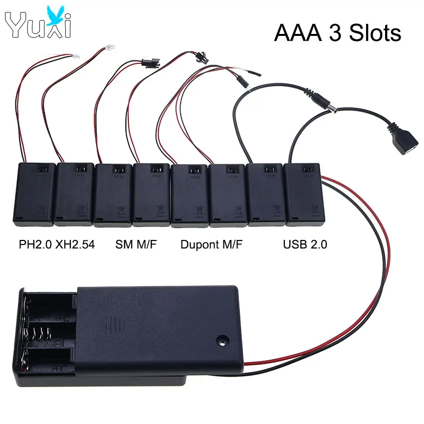 YuXi Battery Storage Box AAA 3 Slots Battery Holder With Terminal Cable PH2.0 XH2.54 SM Dupont USB2.0 Plug With On/Off Switch