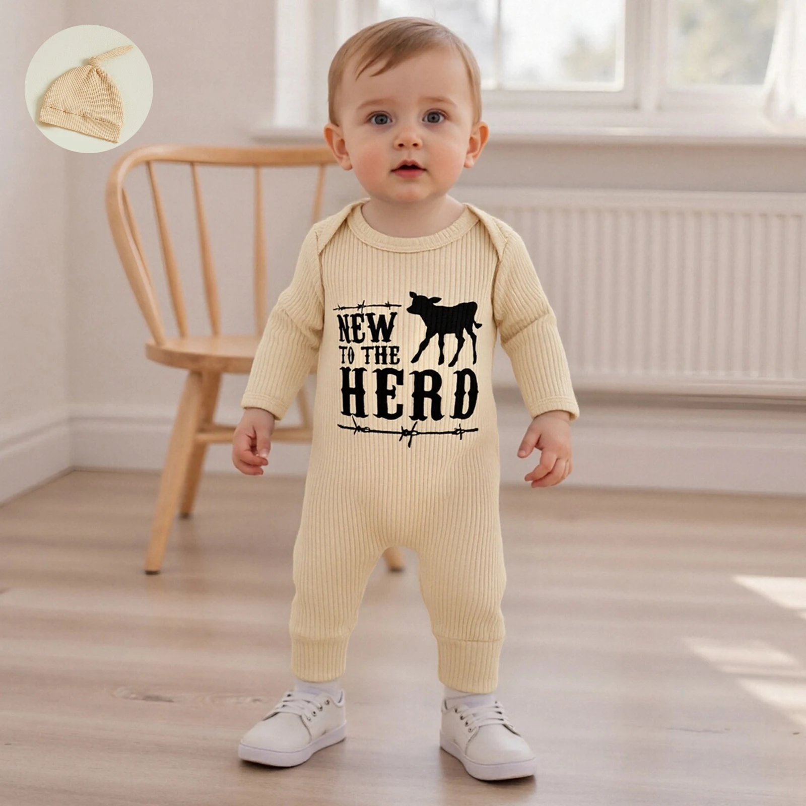 

Осенний комбинезон для новорожденных мальчиков с буквенным принтом и животным, длинными рукавами, круглым вырезом, полная длина, комбинезон со шляпой