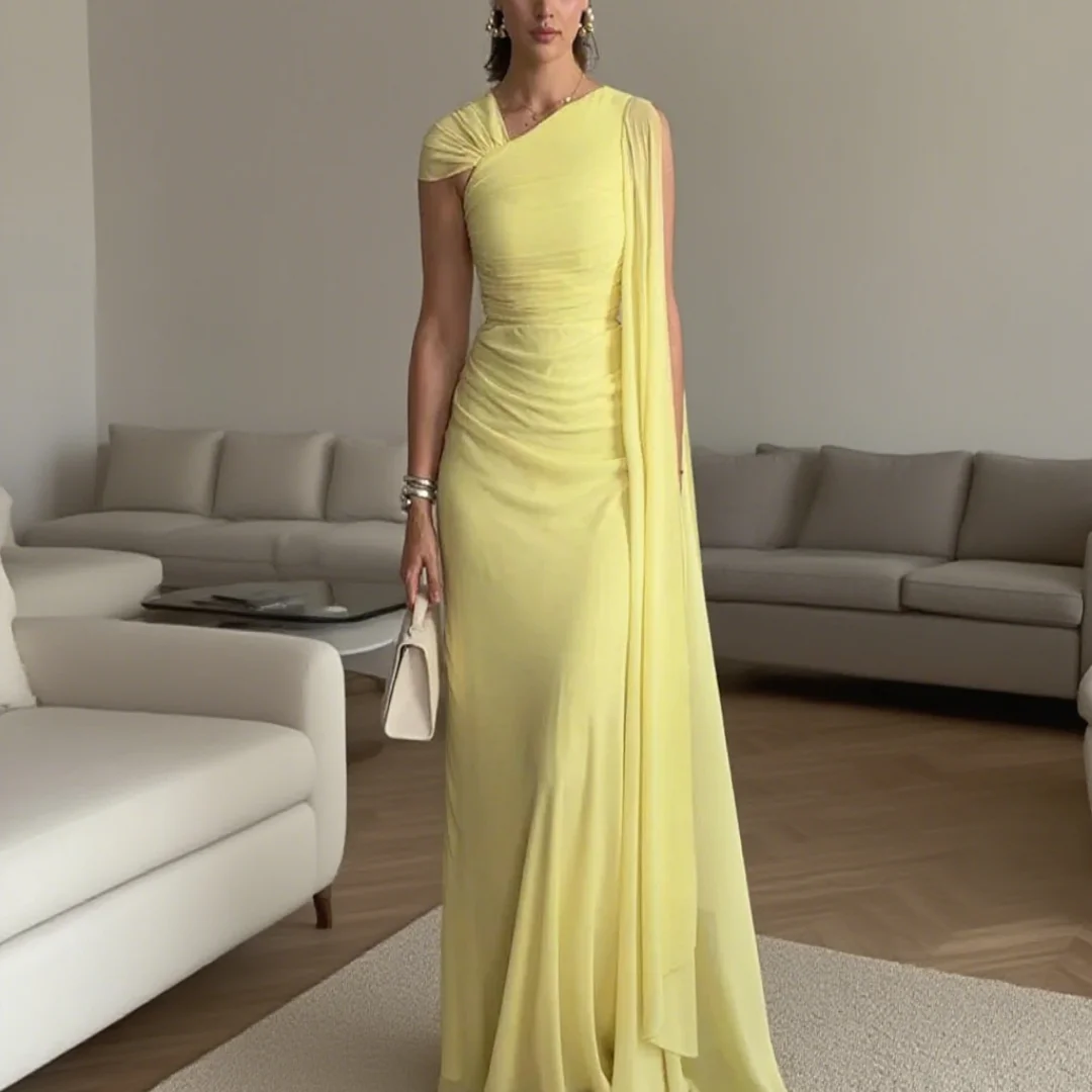 

Customized sleeveless pleated chiffon floor-length mermaid-style evening dress for ladies, suitable for formal events