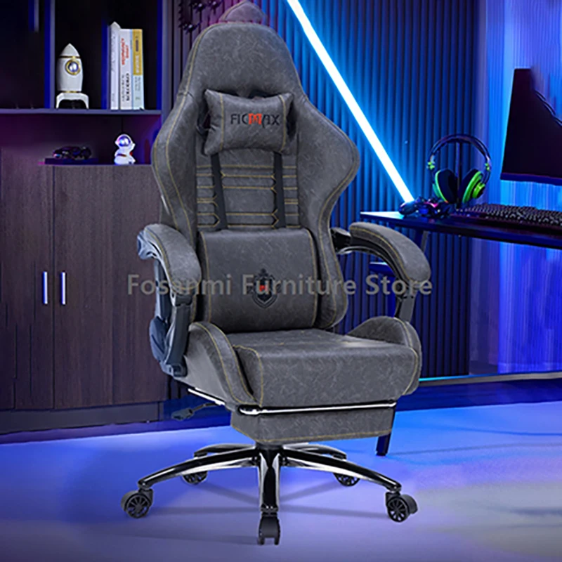 Adjustable Retro Leather Gaming Computer Chair with Linkage Armrest Office Chair Ergonomic Reclining Desk Swivel Chair for Gamer