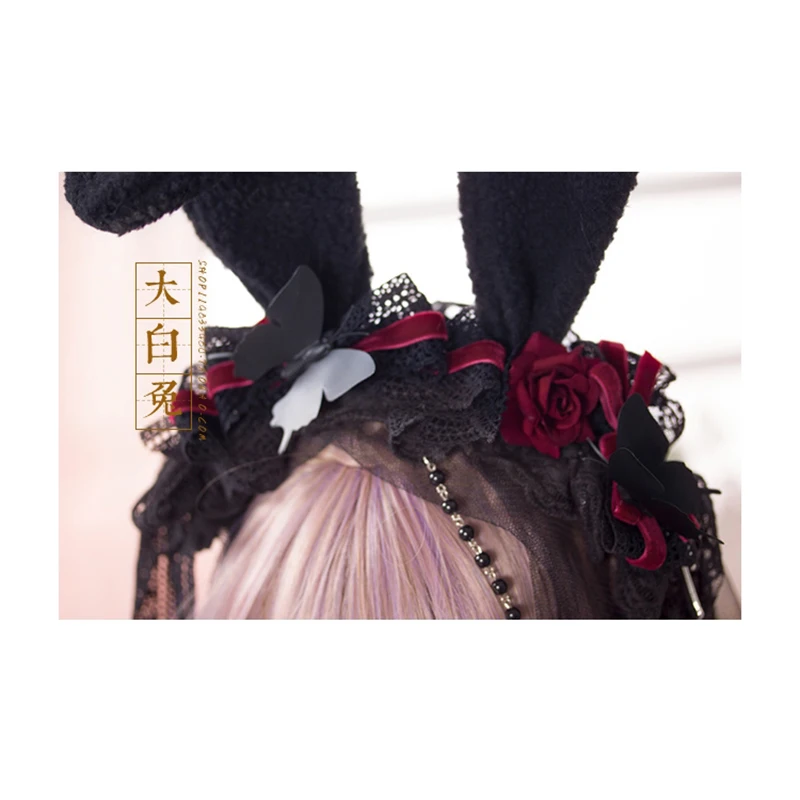 Opaska z uszami króliczka czarna welon lolita gothic róża uszy królika kc przędza z koronką opaska gothic lolita akcesoria