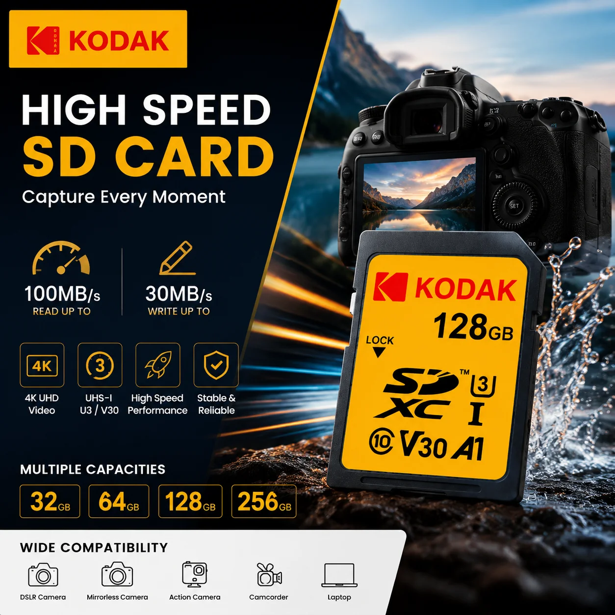 Kodak Professional SD-Karte 32GB 64GB 128GB 256GB UHS-I U3 V30 100MB/s Hochgeschwindigkeits-Speicherkarte für Kamera 4K Video Fotografie