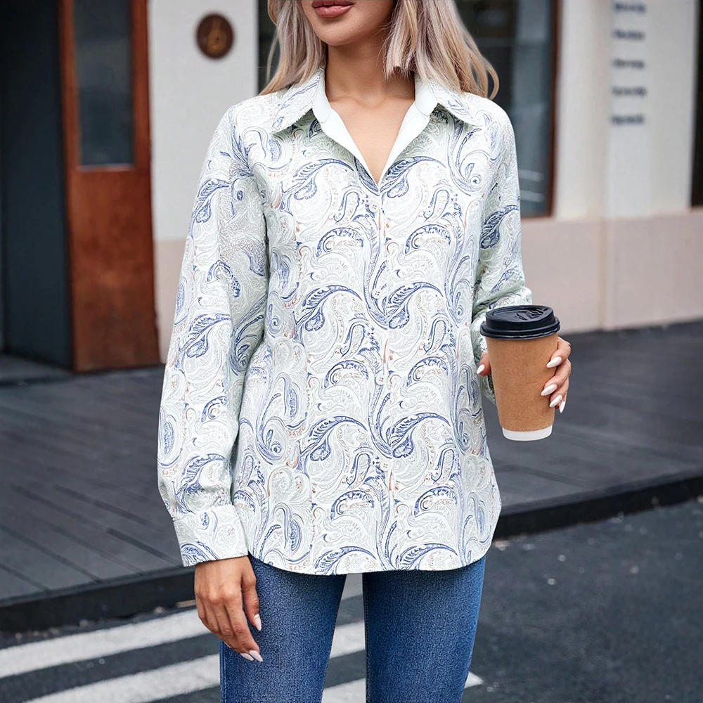 

Mia Muse Boutique Autumn Shirts 2025 Women's Elegant Full Print Long Sleeve Shirt Collar Fitting Slim Casual Shirts