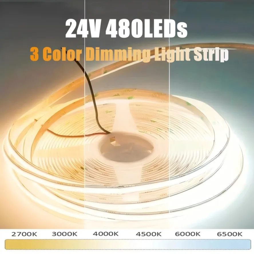 24V Tri Color Smart Dimming 10m COB LED Strip Light 480LEDs/m 8mm Width High Density Flexible Light Strip for TV Wall Decoration
