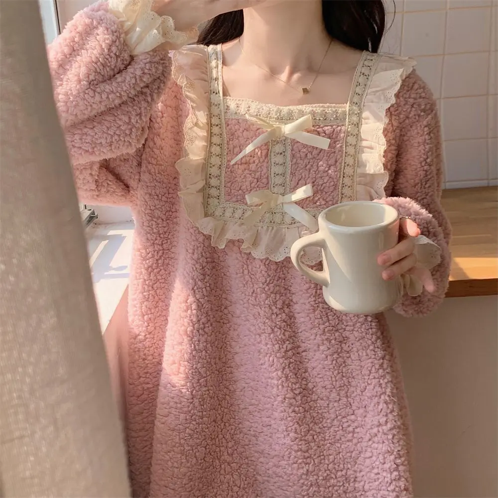 Fleece Women Nightgown Korean Lace Sleepwear Winter Night Dress Knee Length One Piece Pajamas Solid Square Collar Warm Home Wear