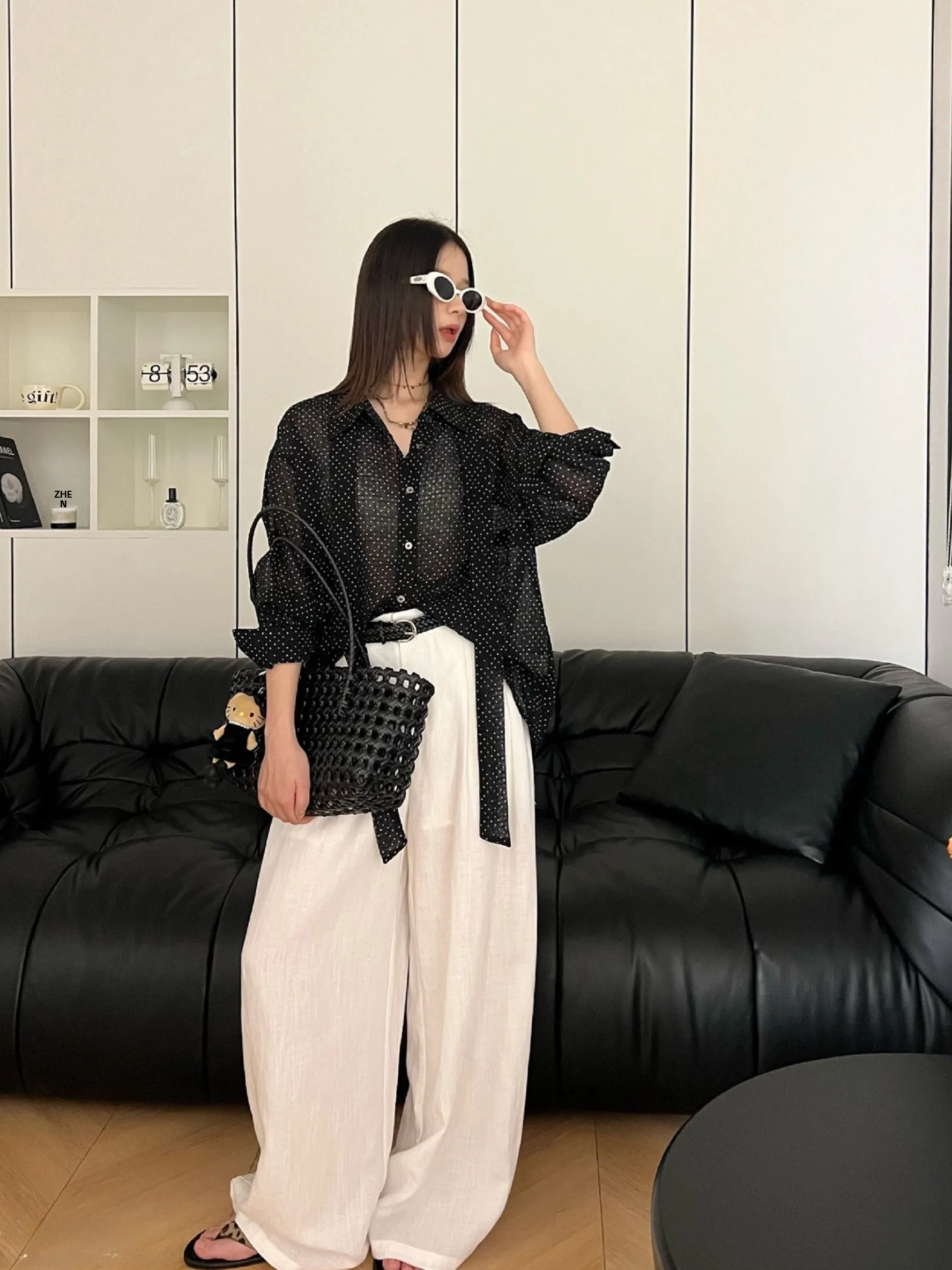 

Polka Dot Slimming Long Sleeve Women's Shirt Spring Summer Loose Fit Bow Tie Draped Top French Style Collar Button up
