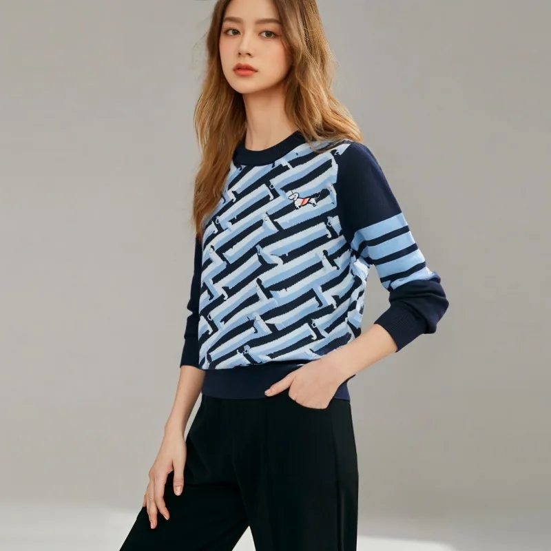 Maglieria da donna con ricamo a righe per cani, girocollo, pullover a maniche lunghe, maglioni azzurri e blu royal all'ingrosso