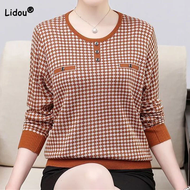 Commute Fashion Round Neck Spliced Plaid Knitted Tops for Female Casual All-match Long Sleeve Sweaters Spring Women\'s Clothing