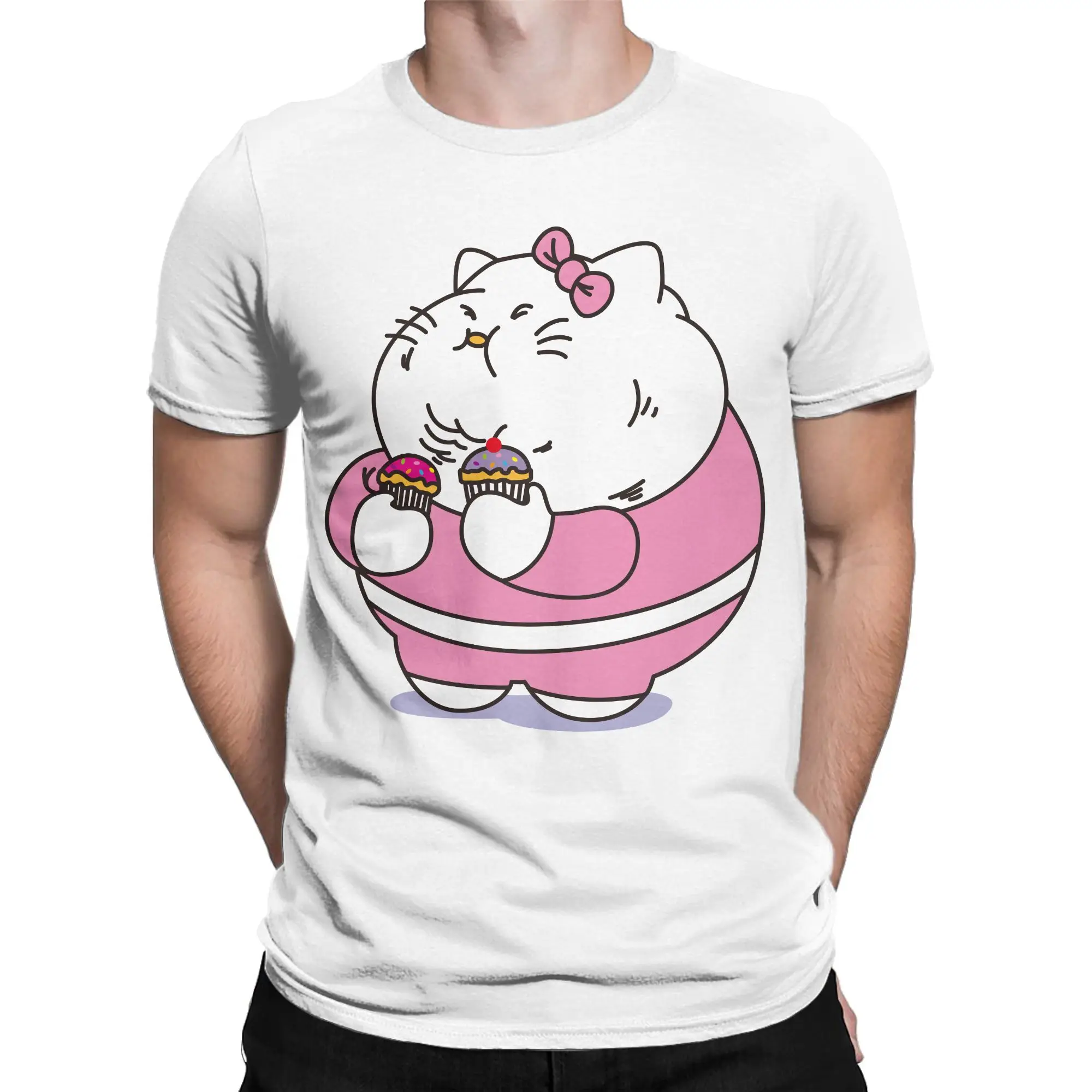 

Funny Fat Hello Kitty Men T Shirts Leisure Tee Shirt Short Sleeve Crew Neck T-Shirts Pure Cotton Plus Size Clothing