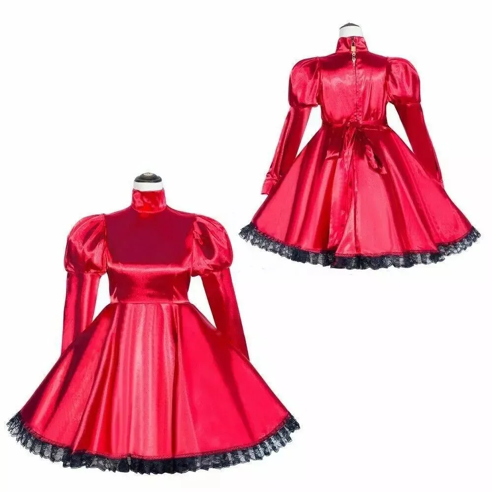 

Sexy sissy French maid red satin lockable lace ruffle dress maid cosplay costume customizable