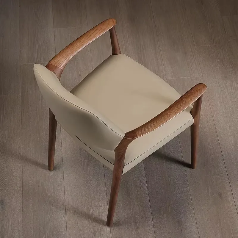 Modern Black Walnut Leather Dining Chair Vintage Tea Book Chair Light Luxury High-End Armrest Backrest for Hotels Bars