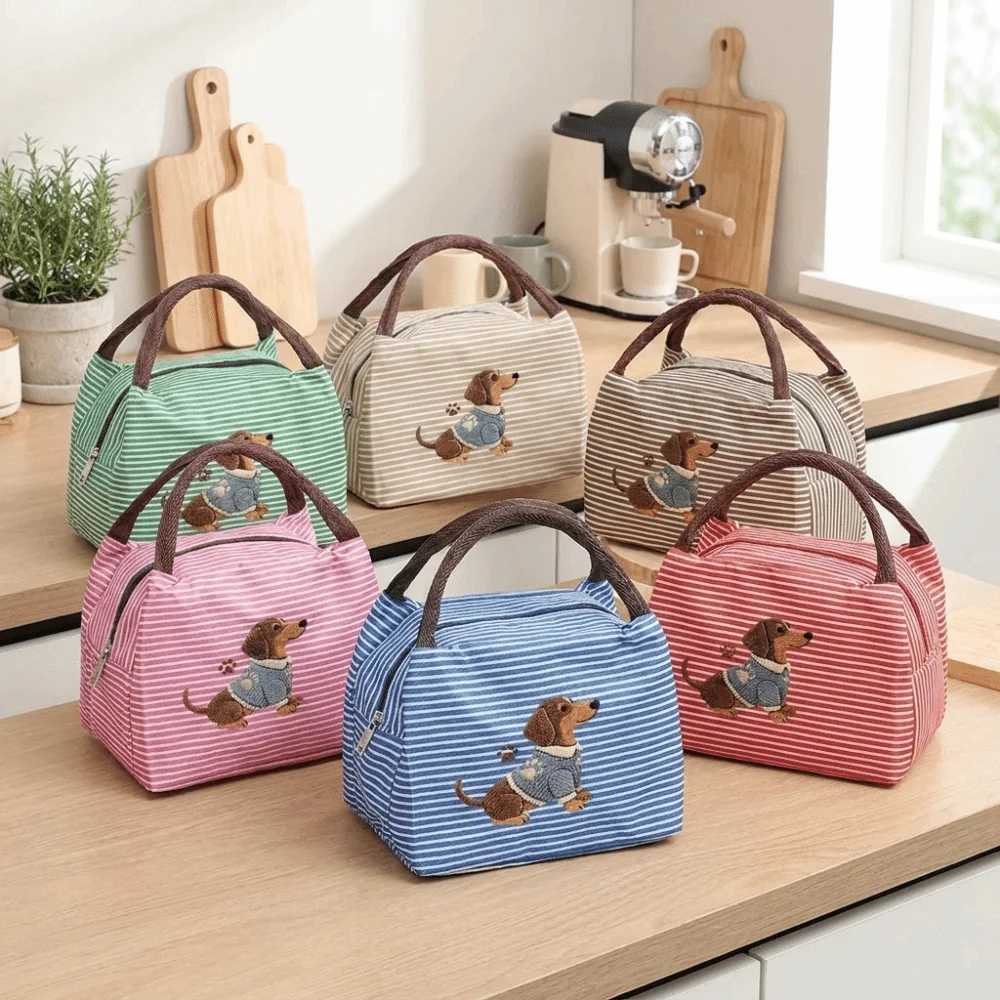 Cute Puppy Embroidery Thermal Lunch Bag Striped Insulated Tote Bag Portable Handheld Food Container Bag Office