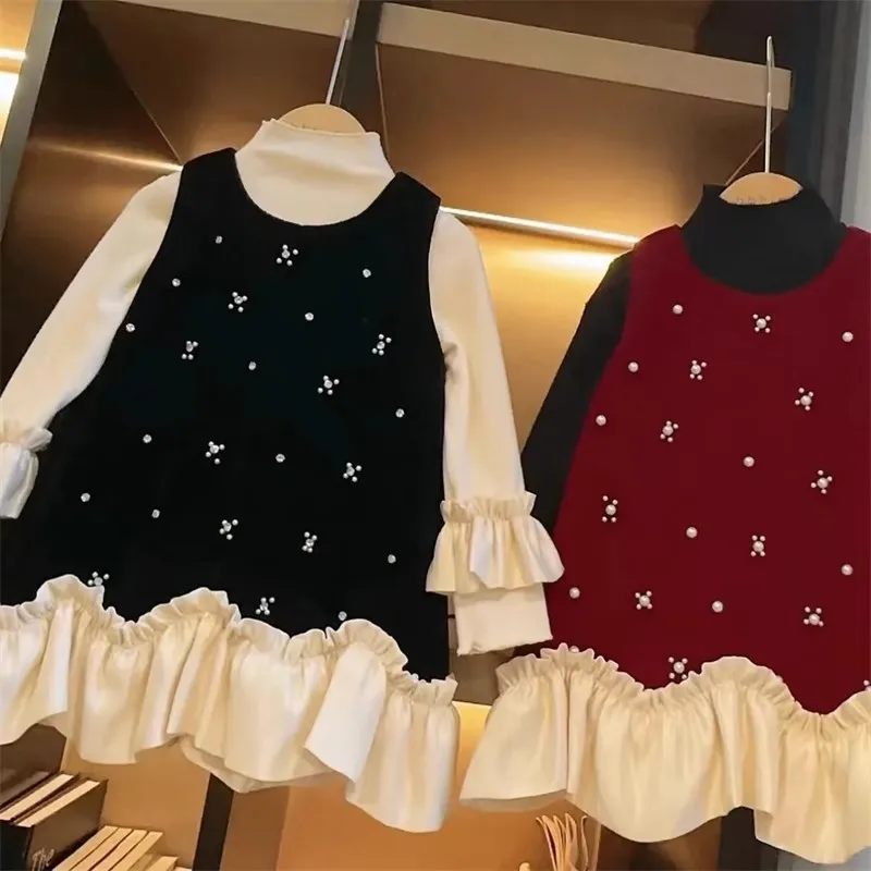 Baby Girls Dress Fashion Hand Beading Pearl Velvet Spliced Lace Sleeveless 2024 Winter New Korean Style Kids Princess Dress