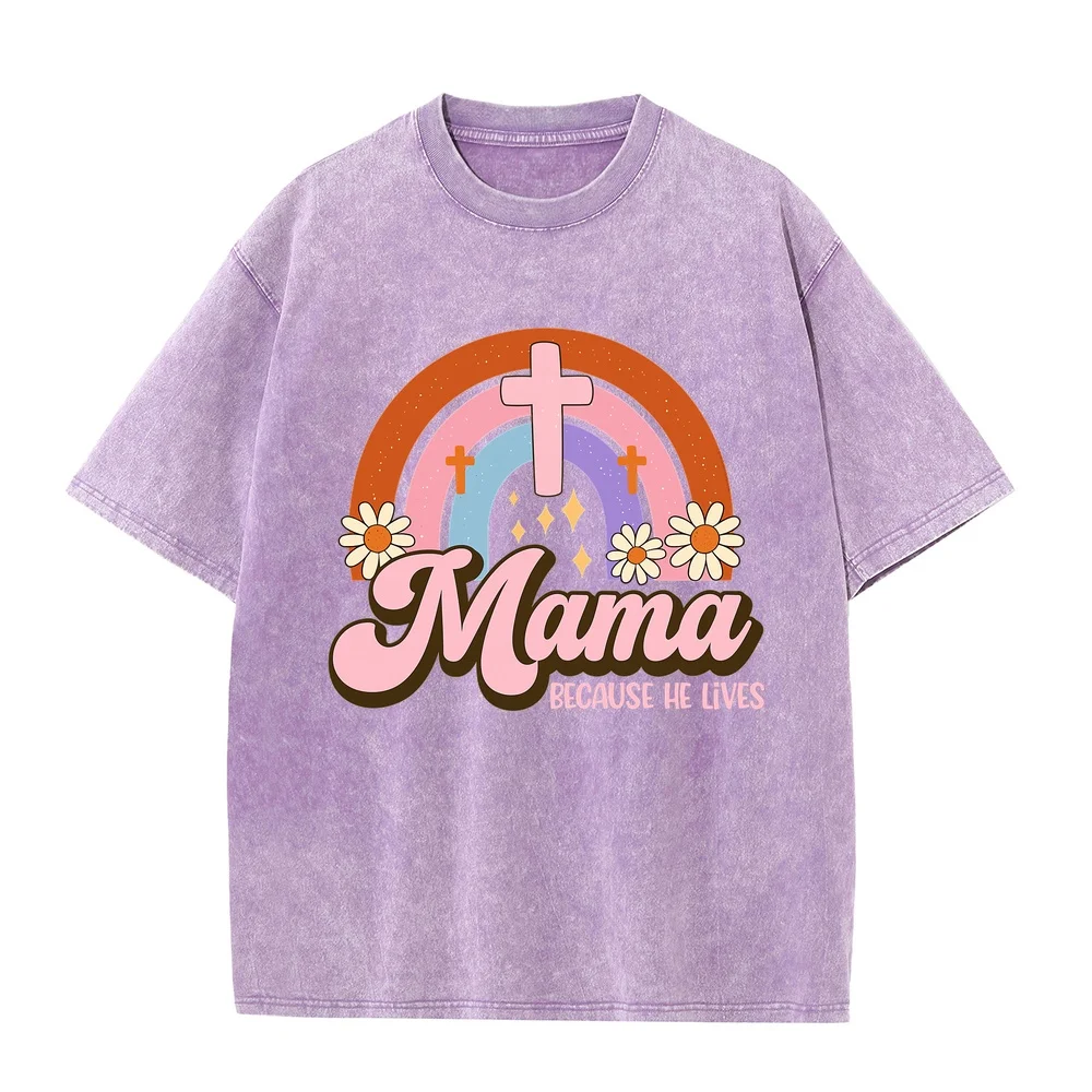 Graphic T-Shirts Men“Mama Because He Lives” Christian Easter Retro Rainbow Printing Cartoon Tshirt Men's Clothing Summer Top