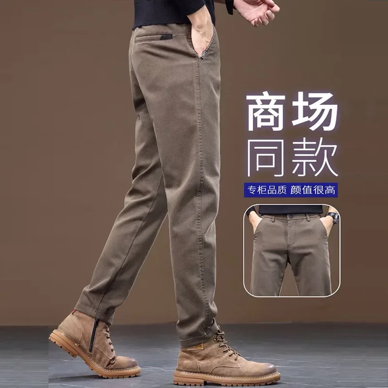 

2023 Winter Men's Straight Slim Fit Fleece Casual Pants Comfortable Stretch Fabric Thickened Versatile Brown Trousers Male