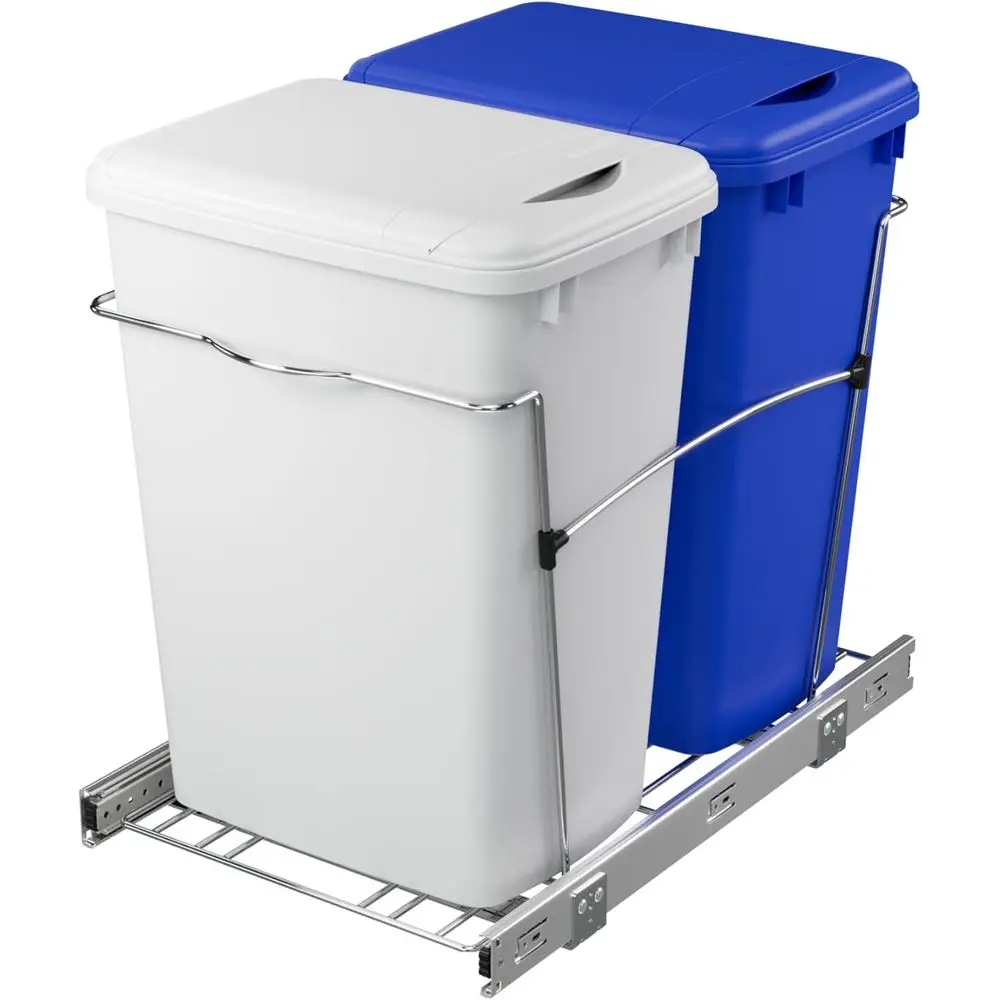 

35 Qt Double Pullout Trash Can with Blue/White Kitchen Cabinet Slide
